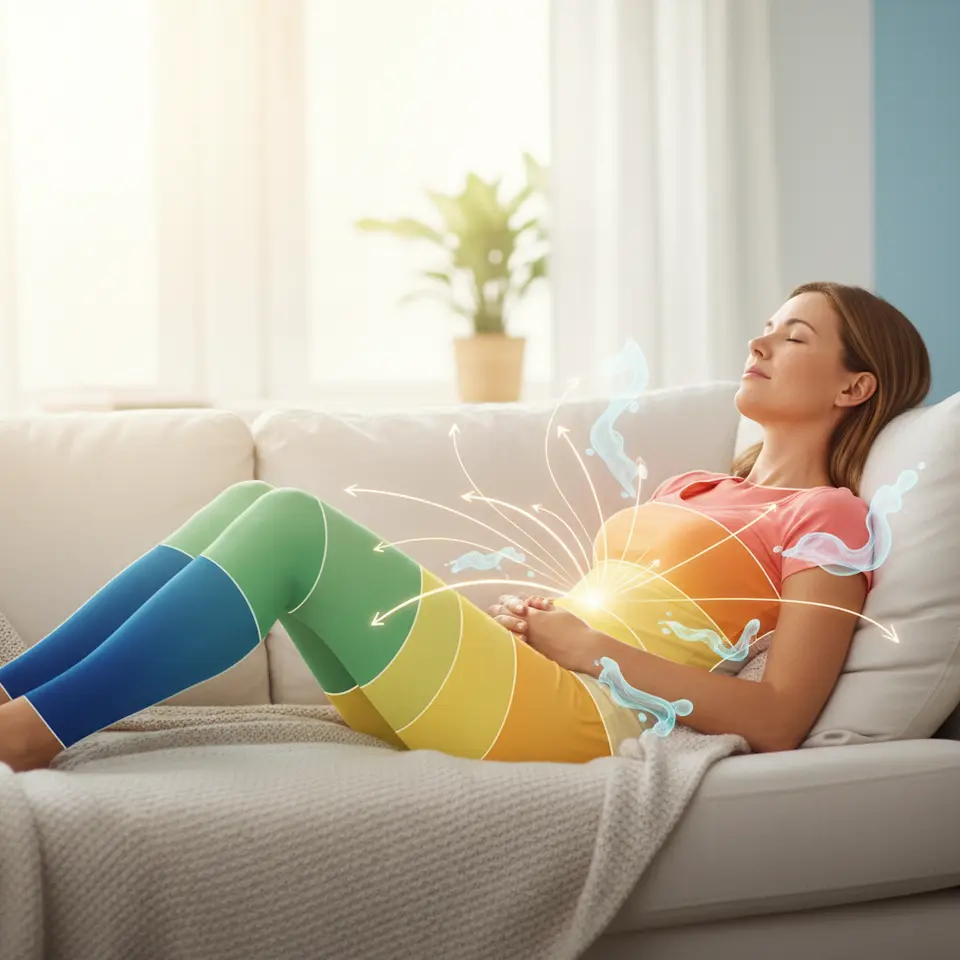 Visualization of a guided body-scan progressive relaxation: a calm, reclining figure overlaid with segmented color highlights moving from toes to crown, arrows showing inhalation energy flowing into each area and gentle bluish wisps or melting shapes on exhalation to depict stress melting away, set against a soft gradient background