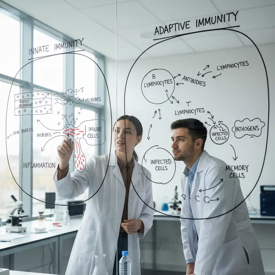 A detailed diagram of the immune system’s two main defenses: on one side, innate immunity showing the skin barrier, mucous membranes trapping microbes, inflammation with blood vessels and immune cells arriving; on the other side, adaptive immunity with B lymphocytes producing antibodies that lock onto pathogens and T lymphocytes attacking infected cells, plus memory cells ready for future exposures.