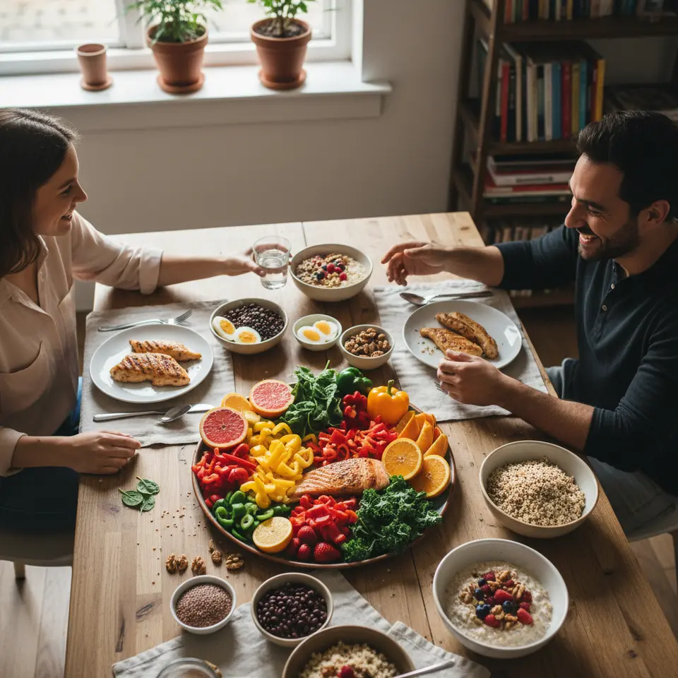 An overhead view of a vibrant, immunity-boosting meal spread: colorful fruits and vegetables (citrus slices, strawberries, bell peppers, spinach, kale), lean proteins (grilled chicken breast, boiled eggs, legumes), healthy fats (salmon fillet, walnuts, flaxseeds), and whole grains (quinoa, brown rice, oatmeal) artfully arranged on plates to highlight each food group’s contribution to immune health.