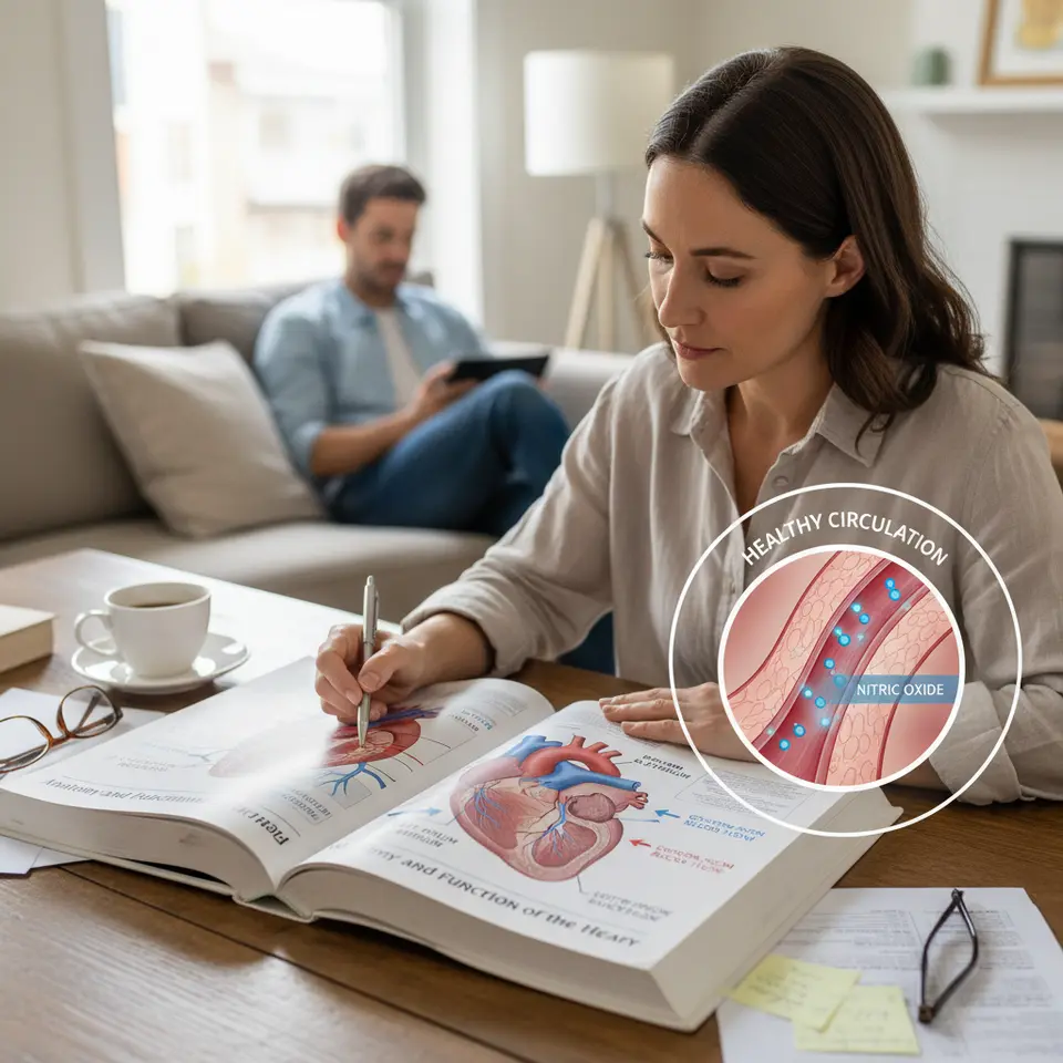 Anatomy and Function of the Heart: A detailed cross-sectional diagram of the human heart showing its four chambers (left and right atria, left and right ventricles), arrows tracing oxygen-rich and oxygen-poor blood flow, and a close-up inset of an artery’s endothelium releasing nitric oxide molecules to illustrate vessel dilation and healthy circulation.