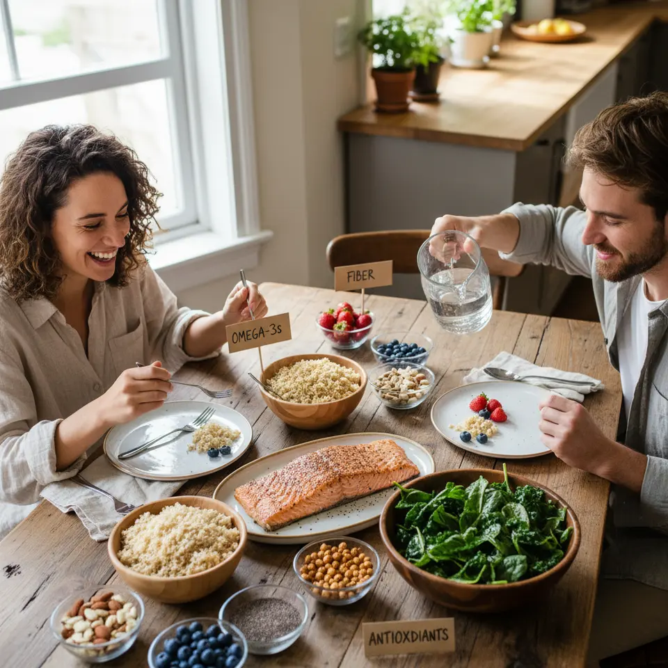 Heart-Healthy Eating Patterns: A vibrant, top-down spread of a balanced heart-healthy meal featuring fatty fish (salmon), whole grains (brown rice, farro), leafy greens (spinach, kale), berries (blueberries, strawberries), nuts and seeds (almonds, chia), and legumes (chickpeas), with subtle labels highlighting key nutrients like omega-3s, fiber, and antioxidants.