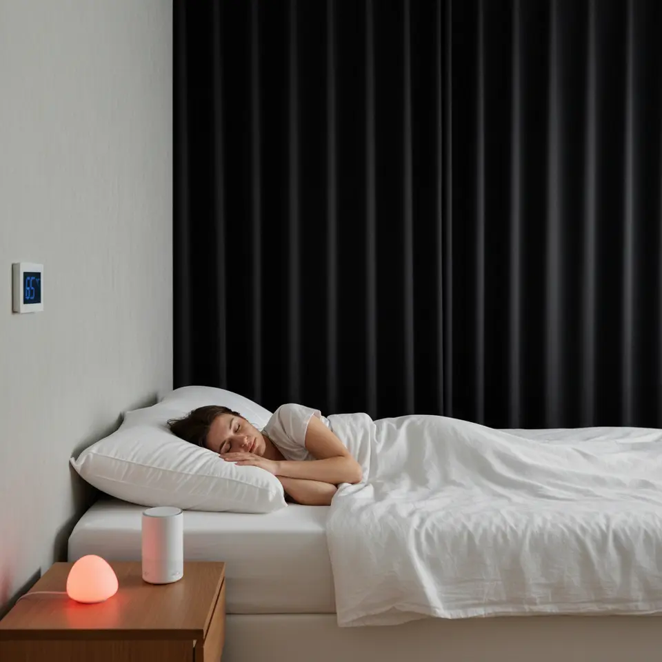 A cozy, minimalist bedroom optimized for restorative sleep: a cool-blue thermostat reading 65°F on the wall, blackout curtains drawn shut, a small red-hued night light casting a gentle glow, a white noise machine on a tidy nightstand, a plush mattress and ergonomic pillows with moisture-wicking linens, and an uncluttered floor and surfaces to promote relaxation.