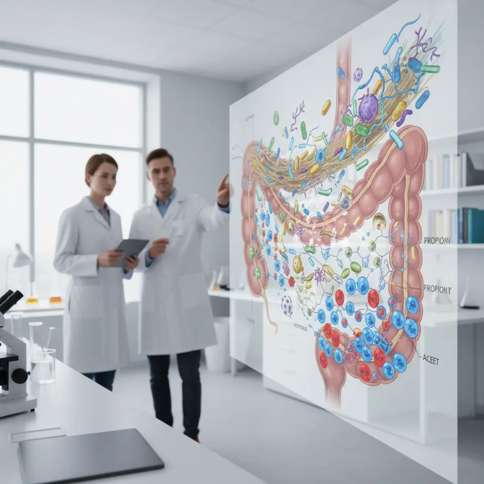 Cross-sectional illustration of the human gut microbiome ecosystem: show a simplified digestive tract populated by diverse microbes (bacteria, fungi, viruses), fibers being fermented into short-chain fatty acids (butyrate, propionate, acetate), colon cells being nourished, and immune cells interacting at the intestinal barrier.