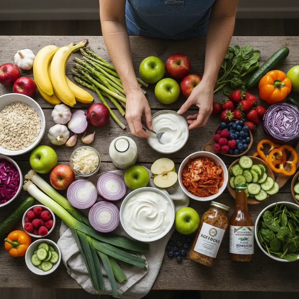 Vibrant flat-lay of gut-nourishing foods: include prebiotic-rich ingredients (onions, garlic, leeks, asparagus, bananas, apples, oats), fermented staples (yogurt, kefir, sauerkraut, kimchi, kombucha), plus a rainbow of colorful fruits and vegetables to highlight dietary strategies for microbiome support.