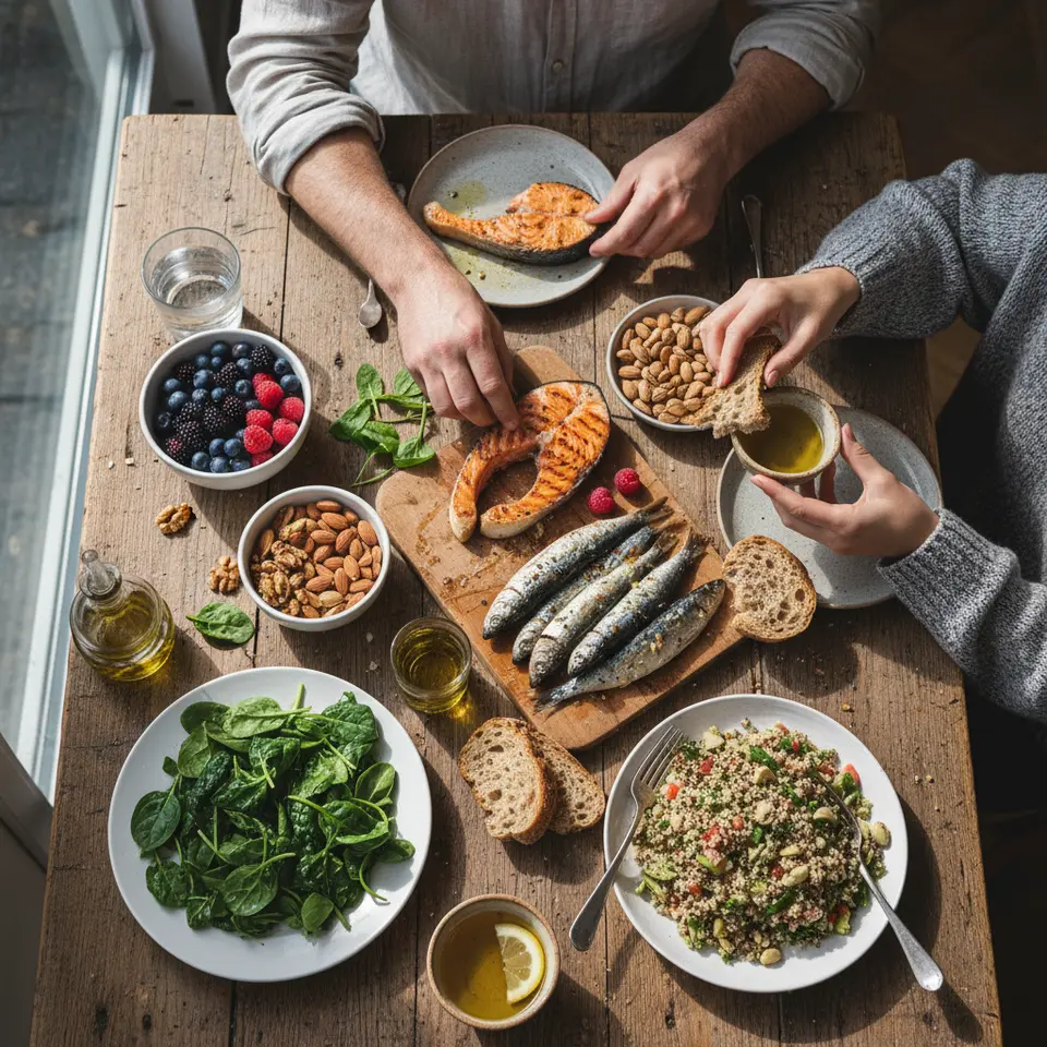 A colorful, top-down view of a Mediterranean-style brain-boosting meal spread: grilled salmon, sardines, extra-virgin olive oil drizzled over leafy greens and whole-grain bread, bowls of berries and nuts, quinoa salad, and a glass of water or herbal tea—all arranged on a rustic wooden table.