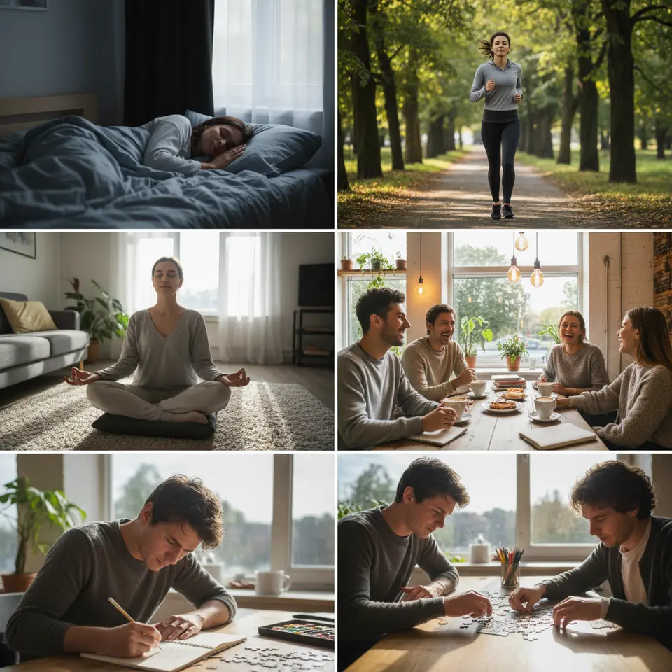 A dynamic collage illustrating key lifestyle habits for cognitive health: a person sleeping peacefully in a dark, cool bedroom; someone jogging outdoors to represent exercise; a figure practicing mindfulness meditation; friends chatting around a table for social engagement; and someone sketching or solving a puzzle for purposeful downtime.