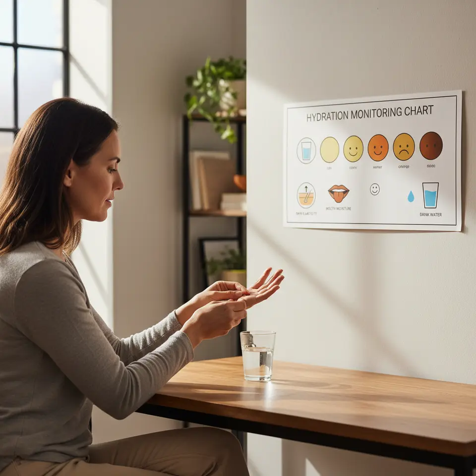 Hydration Monitoring Chart: A visually clear panel showing a gradient of urine colors from pale straw yellow to dark amber, accompanied by simple icons for a skin elasticity pinch test, mouth moisture indicator, and a glass of water to illustrate subtle body hydration cues.