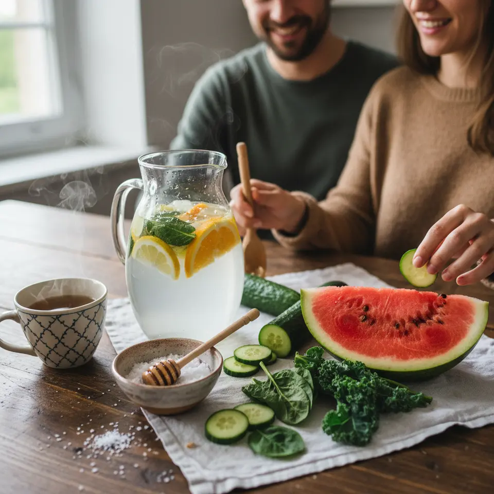 DIY Electrolyte Drink and Hydrating Foods Spread: An overhead view of a kitchen counter with ingredients artfully arranged—water pitcher with citrus slices, a small bowl of sea salt, a honey dipper, fresh watermelon wedges, cucumber slices, leafy greens, and a steaming mug of herbal tea—depicting creative and nutritious hydration options.