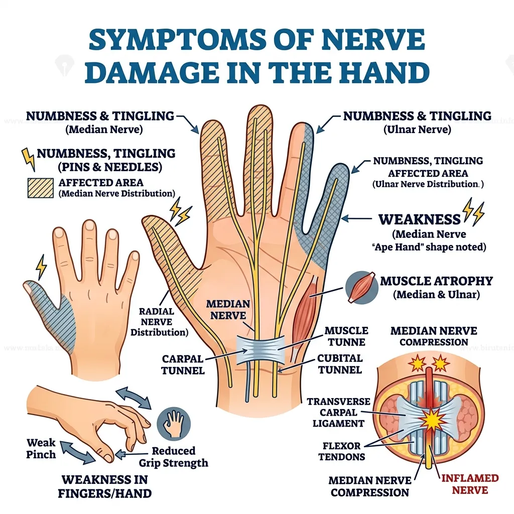 What are the symptoms of nerve damage in the hand