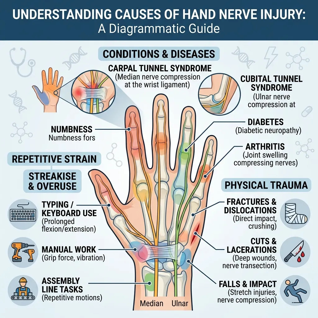What causes hand nerve injury